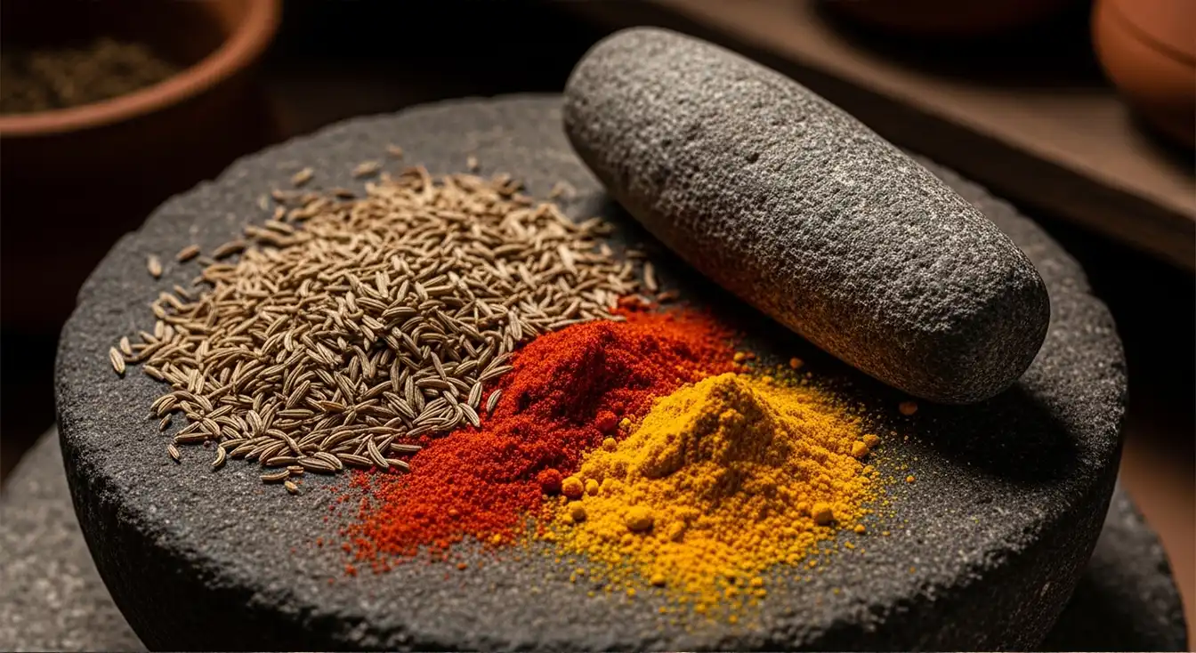 Hand-ground spices on traditional silbatta stone – pure & chemical-free