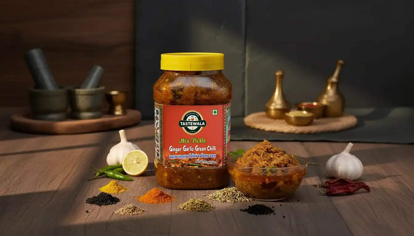 Tastewala Ginger Garlic Green Chilli Mix Pickle Jar