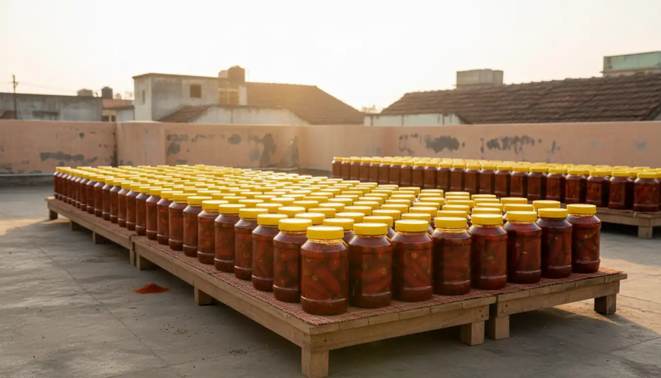 Sun-curing process of Red Chilli Pickle